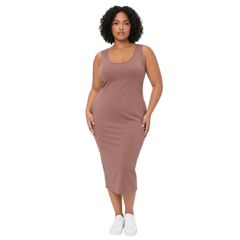 Naked Wardrobe Mocha Brown Ribbed Midi Tank Dress Size 3X Plus